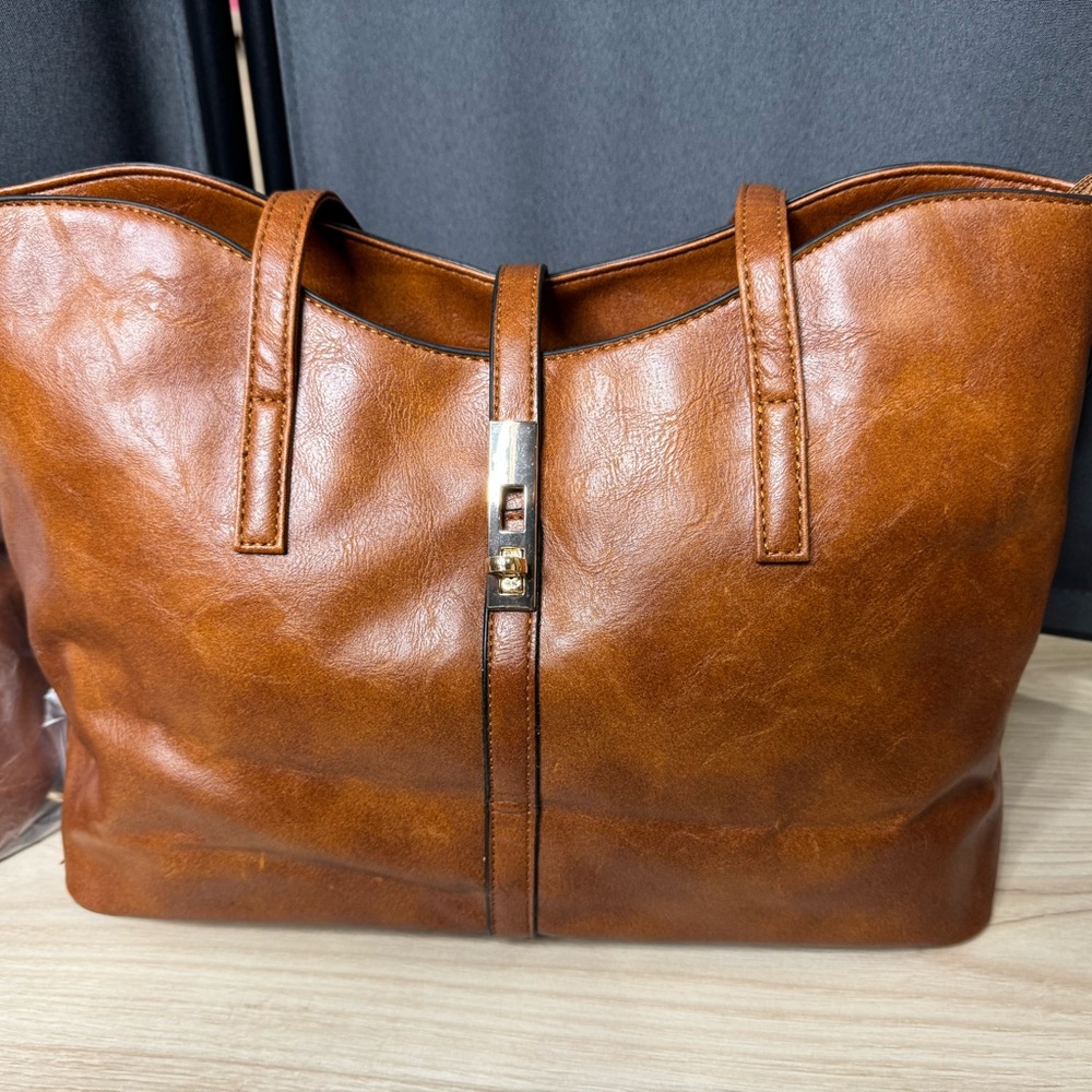 3-piece Elegant Brown Vegan Leather Tote Bag Crossbody Wallet Set New